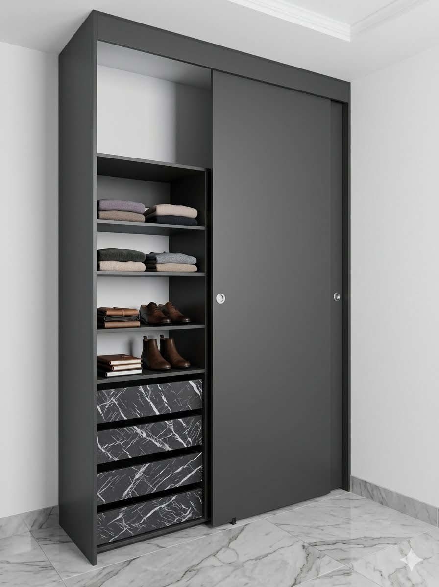 Clóset negro con puerta corrediza y mármol