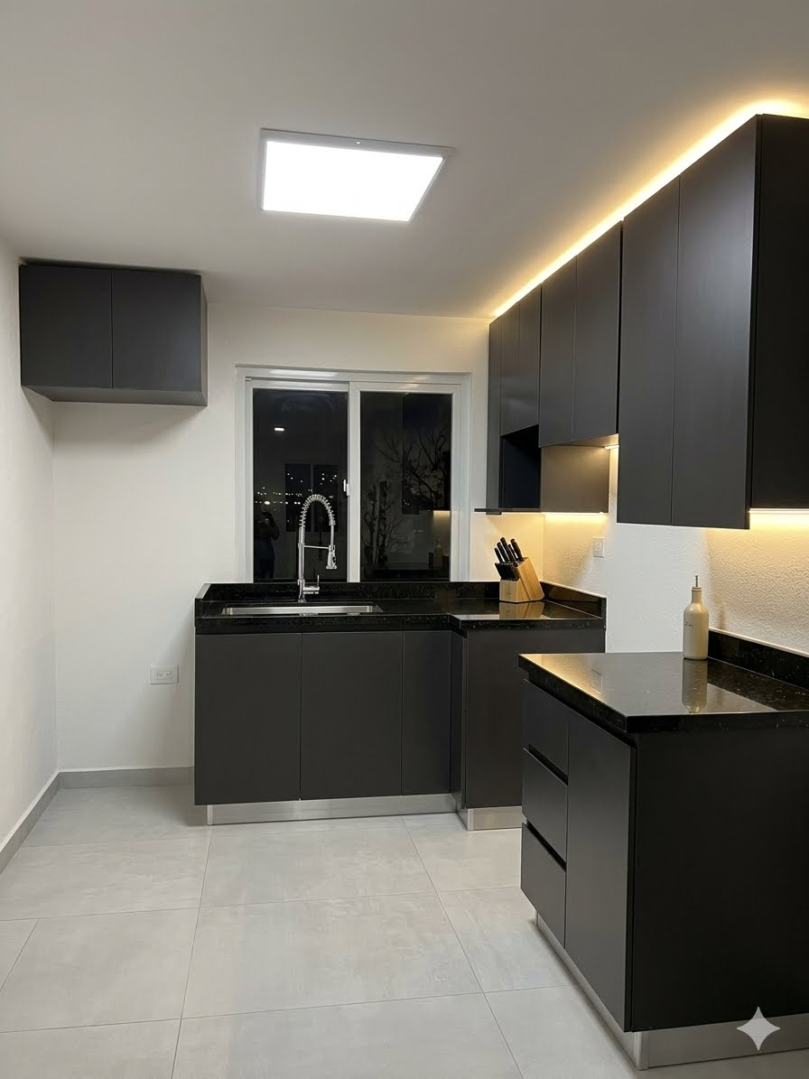 Cocina integral negra con iluminación LED