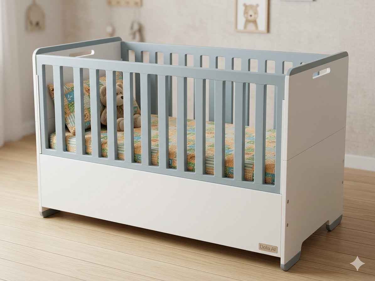Cuna infantil en blanco y celeste